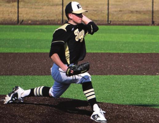 EXCELSIOR SPRINGS junior Colson Moore delivers a strike in a win last week over visiting St. Joseph Lafayette. DUSTIN DANNER | Staff