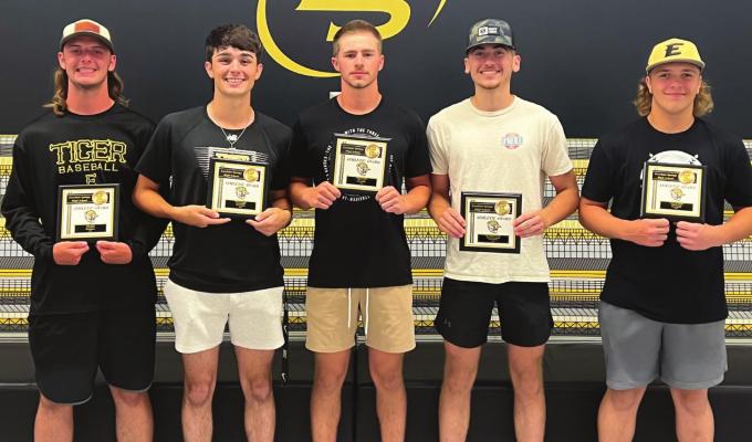 AWARD-WINNERS following the Excelsior Springs baseball banquet are Jacob Bright, Tiger Award; Mason Danner, Iron Man Award; Brock Dusek, Iron Man Award; Brendan Blackburn, Most Improved Player; and Hunter Scoma, Rookie of the Year. DUSTIN DANNER | Staff