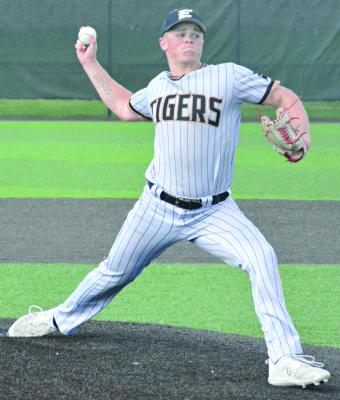 KLAYTON GLASPY, shown pitching in a May home game, is among the Tigers honored during Excelsior Springs’ recent baseball banquet, held in the high school commons area. SHAWN RONEY | Staff