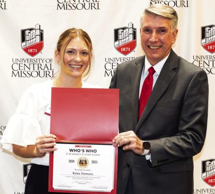 UCM SENIOR Rylee Simmons (left) shows her award with UCM President Roger Best at the 2025 Who’s Who at UCM reception and awards ceremony. Submitted