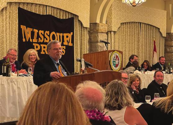 EXCELSIOR SPRINGS Standard and Richmond News Editor Jack “Miles” Ventimiglia is inducted into the Missouri Press Association’s Hall of Fame during the group’s convention Friday at The Elms, Excelsior Springs. BRIAN RICE | Publisher
