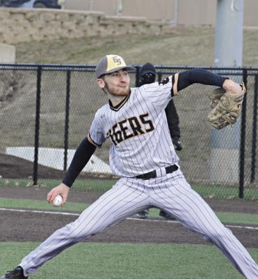WORKING FROM back to front: Excelsior Springs’ March 17 home no-hitter ends with Brendan Blackburn pitching a one-two-three seventh. SHAWN RONEY | Staff