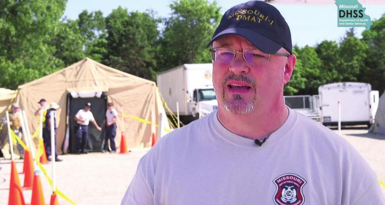 LARRY WOODS is among the Missouri Disaster Medical Assistance Team members who works during an earthquake drill on how to respond to a disaster. Now, COVID-19 has moved the team from drills to the real thing.