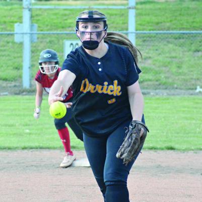 SPORTING THE new Orrick softball jersey, sophomore pitcher Izzy Wheeler delivers during the Bearcats’ Class 1 District 8 Tournament meeting with Kingsville May 5 at the Concordia Ballpark Complex. SHAWN RONEY | Staff