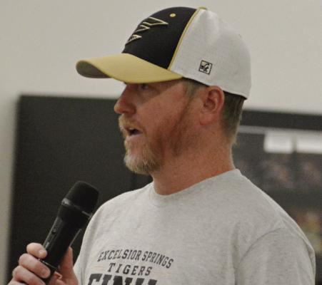 CODY VAUGHN addresses players, coaches and fans during Excelsior Springs’ end-of-season banquet. SHAWN RONEY | Staff