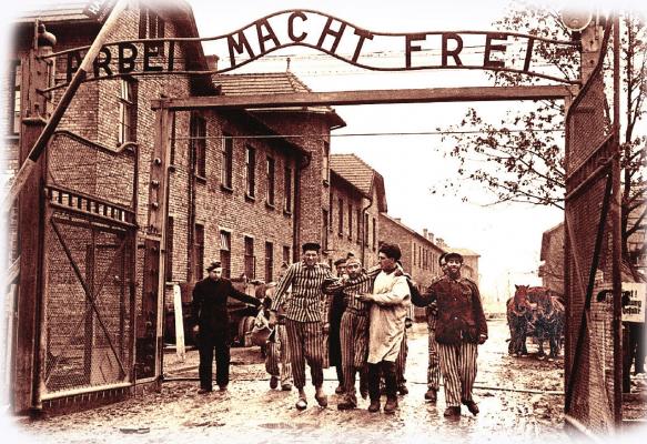 SOVIET SOLDIERS liberate the Nazi death camp at Auschwitz in January 1945, a few months before World War II ends. Over the camp gates are the words, “Arbeit Macht Frei,” meaning “Work Sets You Free.” The meaning is ironic and cruel, because being worked to death is the only way thousands of camp prisoners became free. An exhibition at Union Station covers the story of Auschwitz.