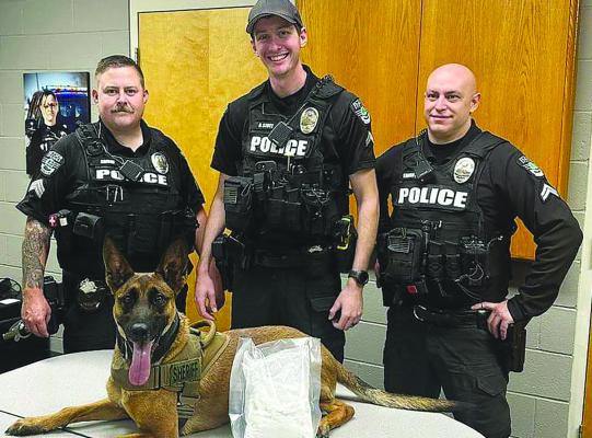ESPD OFFICERS and Clay County Sheriff’s Office K9 Freyja show off the ‘largest’ drug bust in ESPD history. Submitted