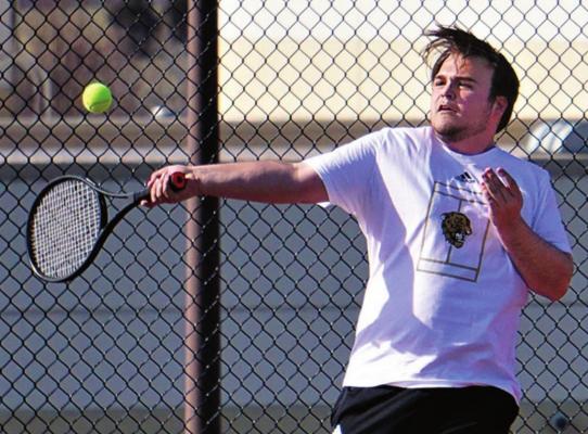 EXCELSIOR SPRINGS junior Josh Oldham returns a forehand shot in action last week at home. DUSTIN DANNER | Staff