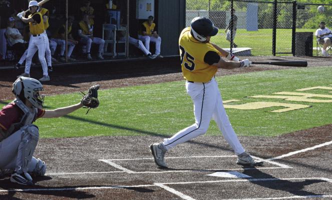 BRODY QUERRY (right) swings at a pitch during Excelsior Springs’ meeting with Winnetonka in varsity baseball. SHAWN RONEY | Staff
