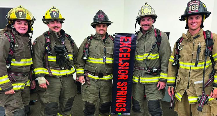 EXCELSIOR SPRINGS FIRE DEPARTMENT Firefighter Em Rice (from left), Firefighter Ryder Rempel, Captain Jason Ortbals, Chief Zac St. John and Firefighter Cody Horky complete the 110-floor stair climb held in honor of the fallen first responders of Sept. 11, 2001. Each firefighter carried the weight of their gear while climbing in remembrance of the courage shown that day. Submitted