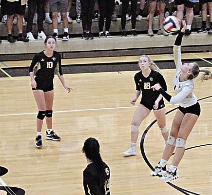 EXCELSIOR SPRINGS junior Carly Dolt goes for a back-row attack last week. Dolt and her teammates go 4-4 for the week, including a third-place finish Sept. 17 at a tournament in Chillicothe. DUSTIN DANNER | Staff