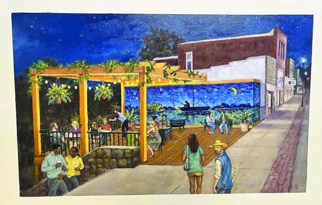 ARTIST MARK WALTER provides a rendering of the new outdoor deck seating area and mural next to Willow Springs Mercantile on Broadway. The area will be called Lithia Landing.