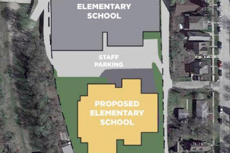 INCITE DESIGN STUDIO illustrates one possible solution to constructing a new Lewis Elementary School by building the new facility behind the old, then demolishing the old structure once the new facility is in operation.