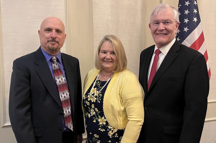 THE PRAYER BREAKFAST includes, from left, Mike Boudreaux, the event organizer and Crescent Lake Christian Center pastor; Mayor Sharon Powell; and federal Judge Duane Benton. Photos by Brian Rice.