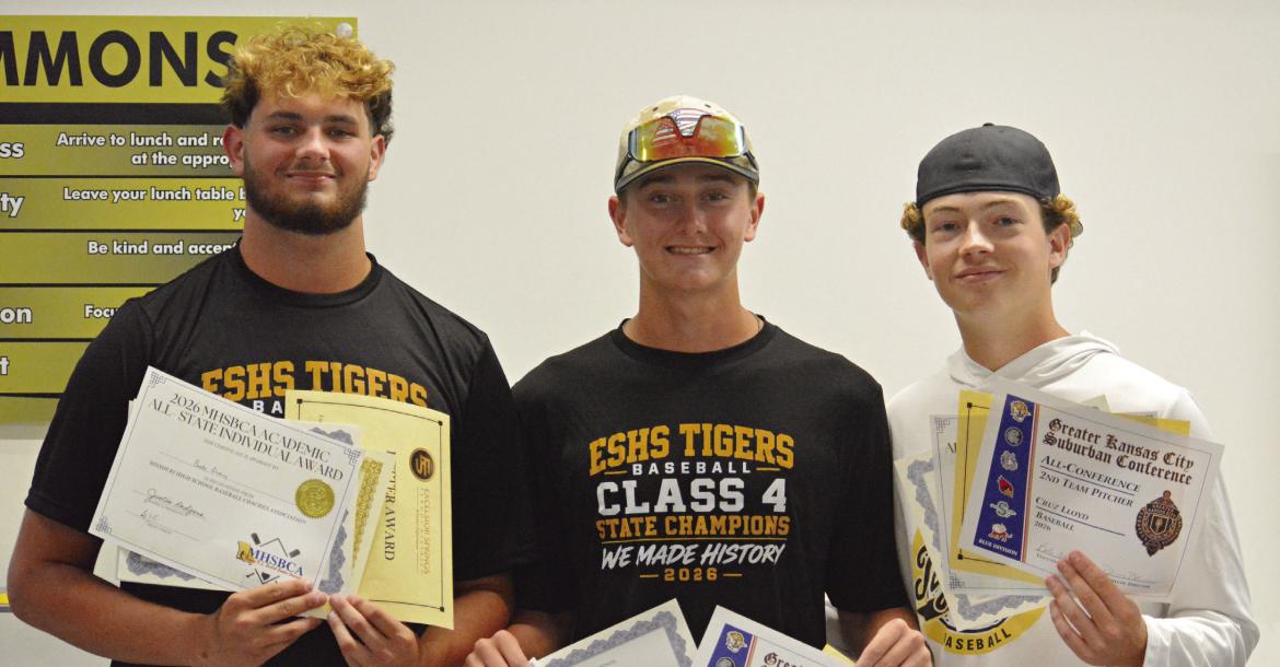 BRODY QUERRY (from left), Henry Crowley and Cruz Lloyd receive their awards from Excelsior Springs’ end-of-season baseball banquet. They’ve discussed playing together in junior college. Look for additional banquet coverage July 3. SHAWN RONEY | Staff