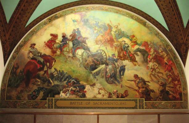 THIS MURAL inside the Missouri State Capitol depicts the Battle of Sacramento, where Alexander Doniphan led men from Ray and Clay counties to victory. Earlier in his career, he led militia members during the socalled Mormon War, but when militia members called for executing Joseph Smith, Doniphan saved him.