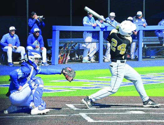 JACOB BRIGHT swings at a pitch during Excelsior Springs’ April 6 road meeting with Liberty, a Class 6 baseball program. SHAWN RONEY | Staff