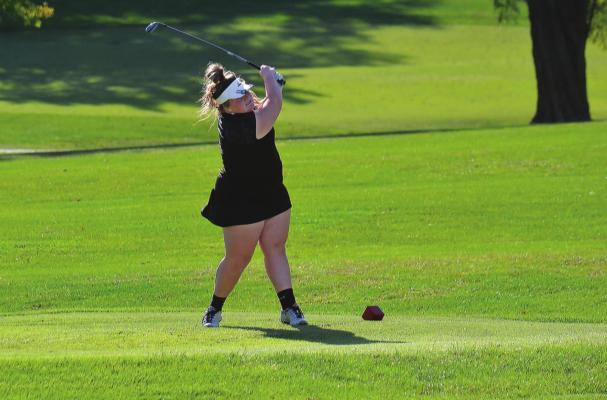 HOPE CHAPPEL hits off the second tee at the Class 2 District 4 Tournament. DUSTIN DANNER | Staff