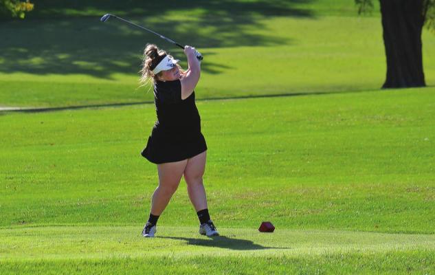 EXCELSIOR SPRINGS senior Hope Chappel, seen here teeing off earlier this season, finishes her high school girls golf career with a top-50 finish at the Class 2 state tournament. FILE PHOTO