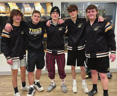 THE EXCELSIOR SPRINGS boys wrestlers advancing to this week’s Class 2 state competition are, from left, freshman Ryne Marcum, senior Ayden Dolt, senior Landen Davis, sophomore Micah Danner and freshman Lane Crowley. DUSTIN DANNER | Staff