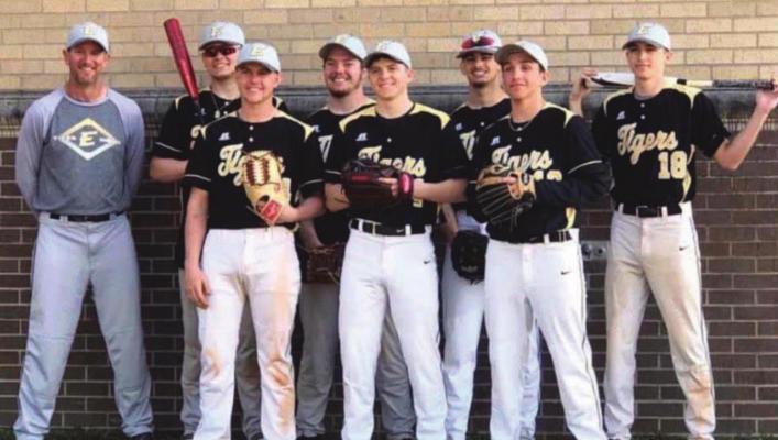 SENIORS who are ready to play baseball for Excelsior Springs, if the coronavirus clears up in time, are as follows: front row, from left, Brennan Jones, Wyatt Jarvis and Jett Rivera; second row, head coach Aaron Holst, Ryan Nedblake, Brandon Gluhm, Jacob Leonhard and Jakob Pekarek.