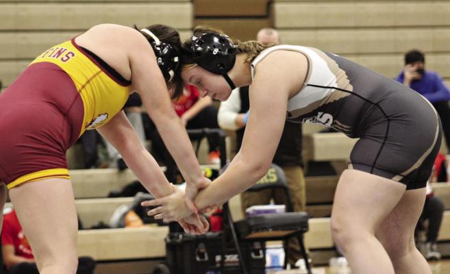 EXCELSIOR SPRINGS senior Bailee Baxter (right) battles for hand control during her Dec. 13 home dual victory over Winnetonka. DUSTIN DANNER | Staff