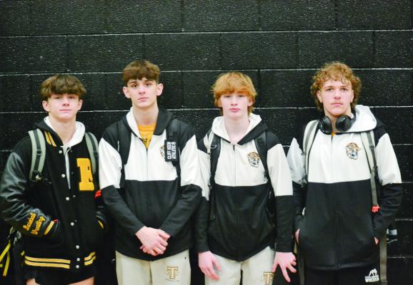 SOPHOMORE RYNE MARCUM, junior Micah Danner, first-year high schooler Cooper Collins and sophomore Hunter Scoma are representing Excelsior Springs this week in Class 2 state wrestling. DUSTIN DANNER | Staff