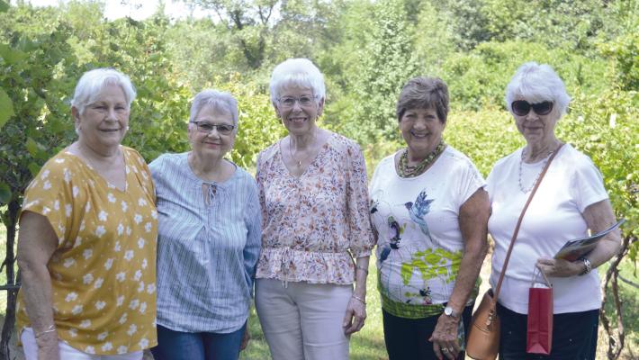 TARA ALTIS | Staff MEETING AT 4-Horses and a Dog Winery, Janet Van Diver, Jan Stocks, Judy Miller, Jan Stump and Dianne Harlow stand outside in the vineyard after enjoying wine, charcuterie and friendly hospitality.