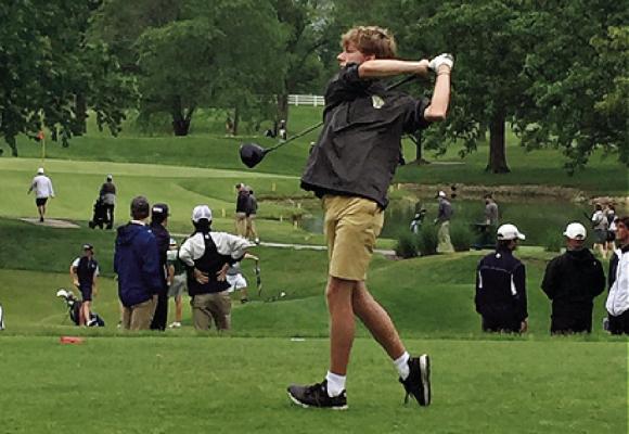 JACOB SCHMIDT watches his drive off the fourth tee during the Class 3 state boys golf tournament, held recently at Meadow Lake Acres Country Club in New Bloomfield. DAVID STALDER | Submitted