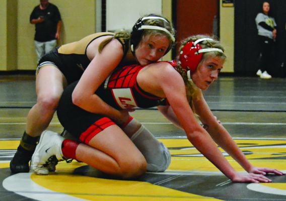 JAYLENN HUDLEMEYER, shown in the top position, seeks to qualify for state competition in her senior season at Excelsior Springs.