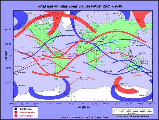 Paths of Solar Eclipses 2021-2040. Source: NASA
