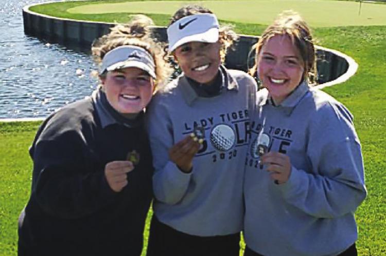FROM LEFT, Hope Chappel, Olivia Kelly and Kailey Sejkora display their MRVC all-conference medals Monday at Mules National Golf Course. SUBMITTED PHOTO | DAVID STALDER
