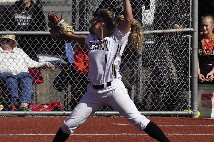 BAILEY CARDER, shown here pitching in 2021 against Platte County in district competition at Excelsior Springs, has confirmed her plans to play softball at Kansas City, Kan., Community College. SHAWN RONEY | Staff