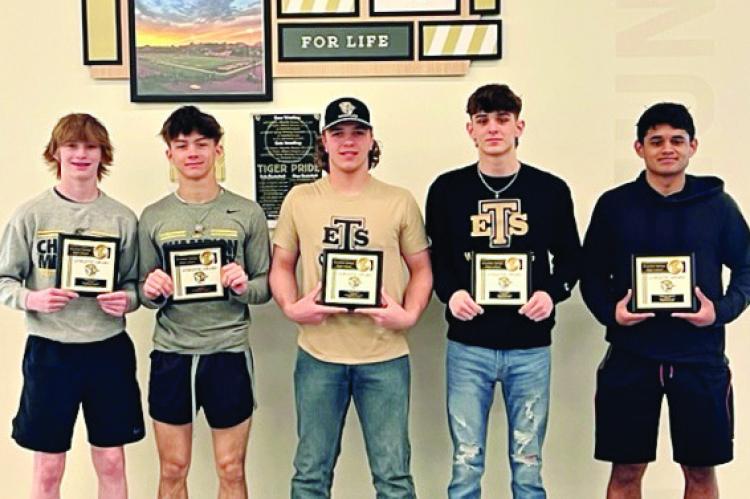 THE EXCELSIOR SPRINGS High School wrestling award-winners are (from left) Cooper Collins, Ryne Marcum, Hunter Scoma, Micah Danner and Francisco Sanchez. DUSTIN DANNER | Staff