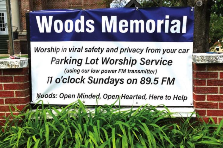 WOODS MEMORIAL offers social distancing church services, via radio, in the parking lot.