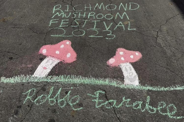 Robbie Farabee’s cartoon mushrooms etched into the sidewalk with chalk for Richmond’s Mushroom Festival. ROBBIE FARABEE | Submitted