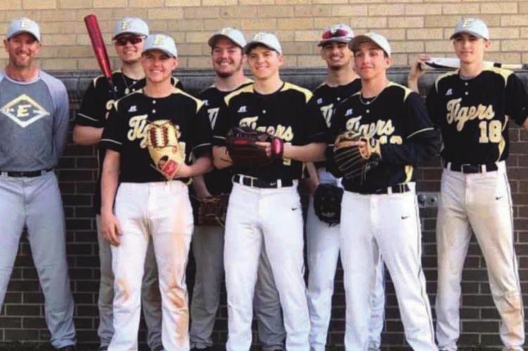 SENIORS who are ready to play baseball for Excelsior Springs, if the coronavirus clears up in time, are as follows: front row, from left, Brennan Jones, Wyatt Jarvis and Jett Rivera; second row, head coach Aaron Holst, Ryan Nedblake, Brandon Gluhm, Jacob Leonhard and Jakob Pekarek.