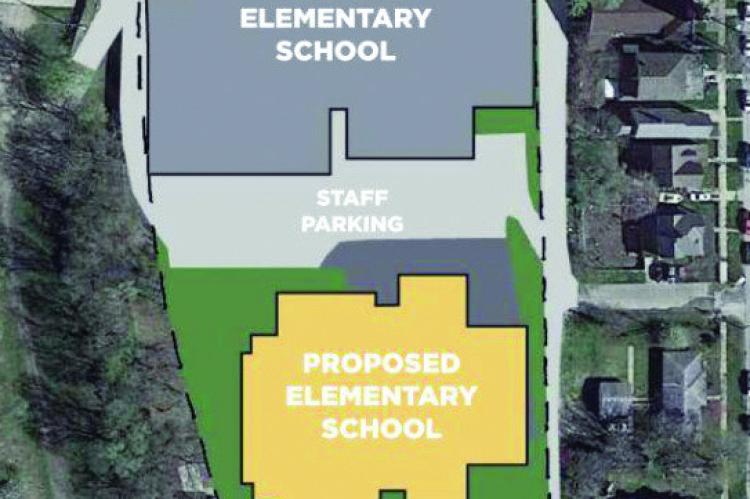 INCITE DESIGN STUDIO illustrates one possible solution to constructing a new Lewis Elementary School by building the new facility behind the old, then demolishing the old structure.