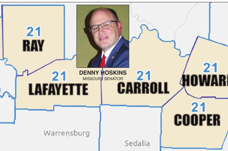 THIS MAP of the proposed 21st Senatorial District takes in the top half of Clay County, including Excelsior Springs, plus all of Ray, Lafayette, Carroll, Howard and Cooper counties. Sen. Denny Hoskins, who lives in Johnson County, would represent the new district until his term ends in two years. J.C. VENTIMIGLIA | Staff