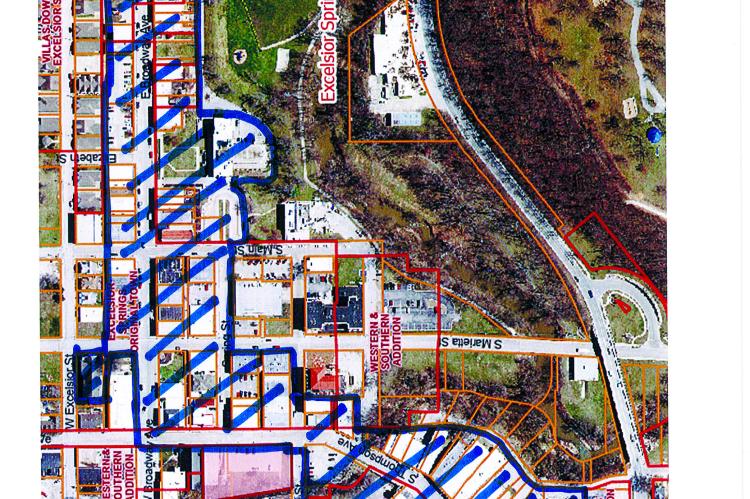 AREAS MARKED IN BLUE STRIPES designates the downtown area being considered to allow open containers of alcohol. EXCELSIOR SPRINGS CITY COUNCIL | Submitted