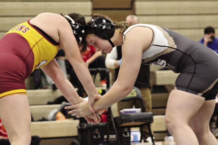 EXCELSIOR SPRINGS senior Bailee Baxter (right) battles for hand control during her Dec. 13 home dual victory over Winnetonka. DUSTIN DANNER | Staff