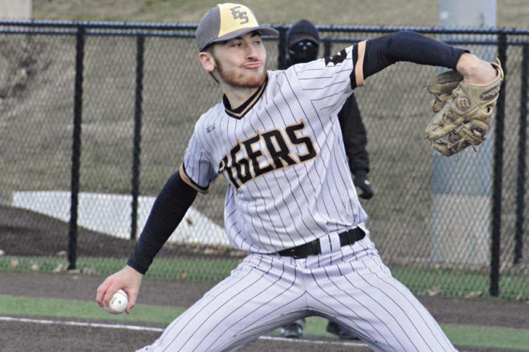 WORKING FROM back to front: Excelsior Springs’ March 17 home no-hitter ends with Brendan Blackburn pitching a one-two-three seventh. SHAWN RONEY | Staff