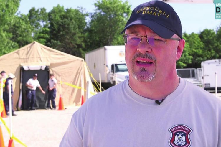 LARRY WOODS is among the Missouri Disaster Medical Assistance Team members who works during an earthquake drill on how to respond to a disaster. Now, COVID-19 has moved the team from drills to the real thing.